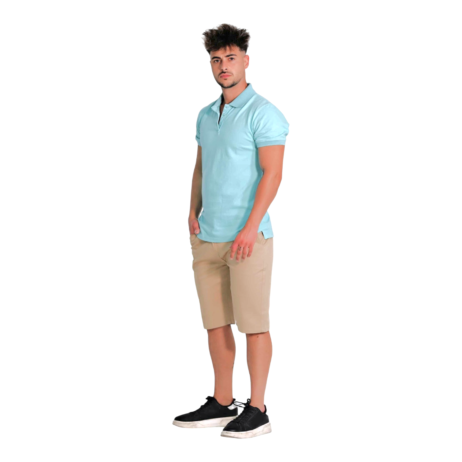 Man wearing a classic men’s 3-button polo in a clean professional style, suitable for hospitality uniforms and waitstaff.