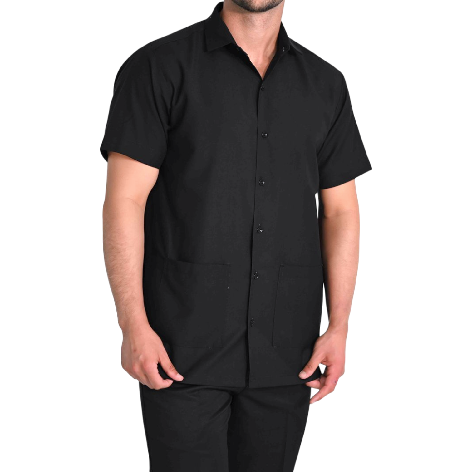 Detail of short-sleeve corporate work shirt suitable for business environments.