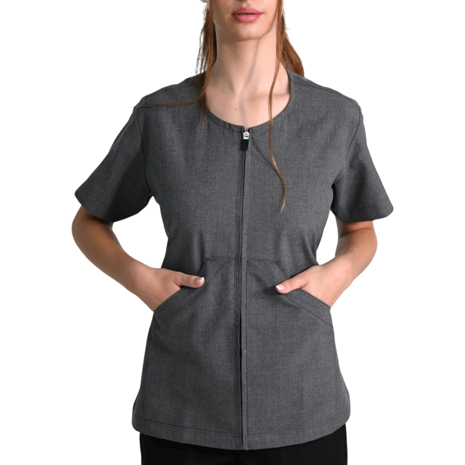Detail view of V-neck short-sleeve healthcare uniform top, professional medical workwear.