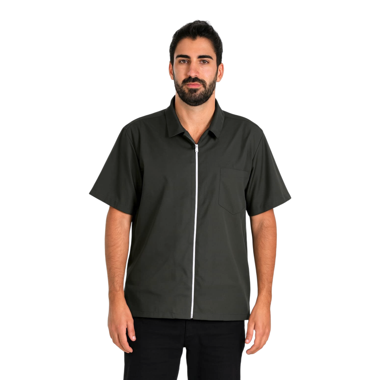 Men’s short-sleeve work shirt for cleaning and housekeeping uniforms, professional front view.