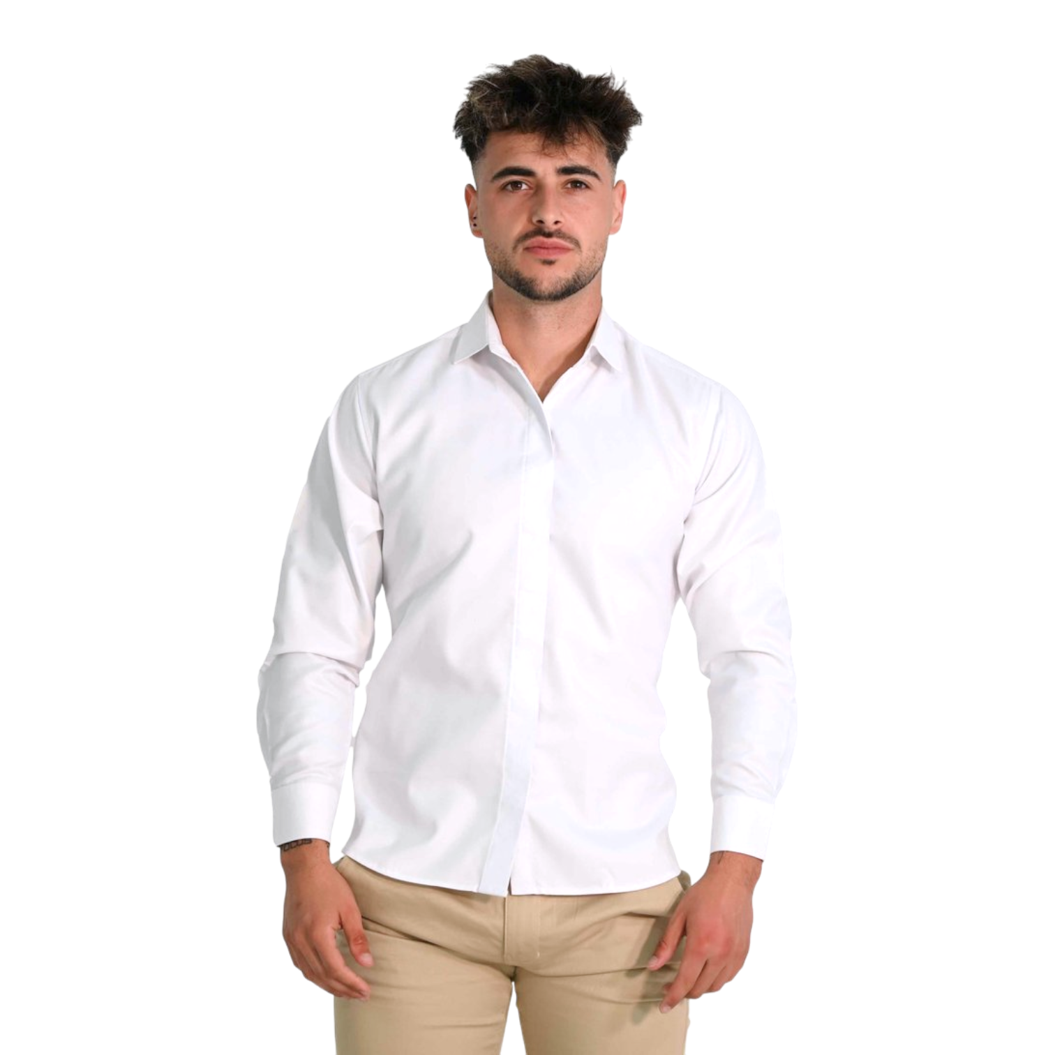 Workwear long-sleeve dress shirt with concealed buttons