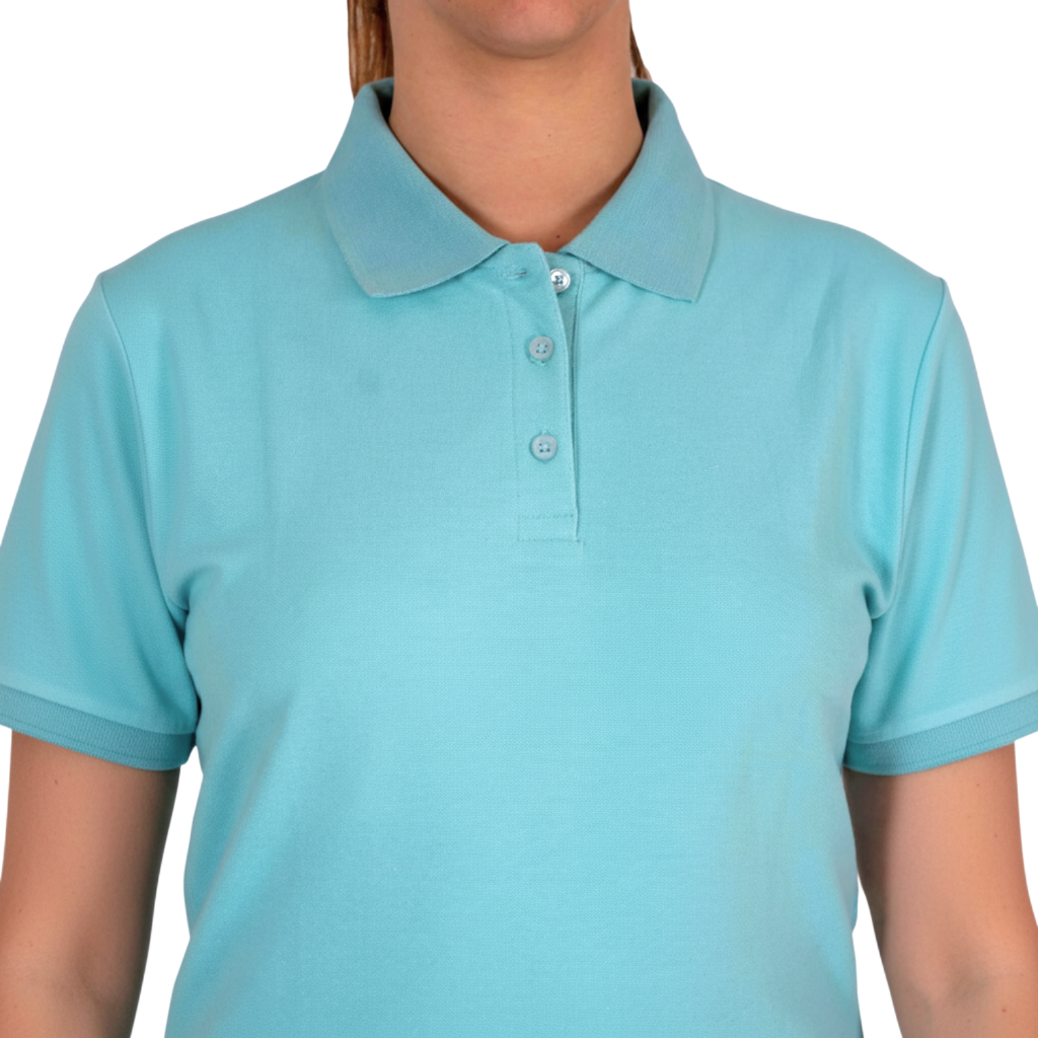 Close-up of the men’s 3-button polo showing collar and button placket, ideal for hotel and restaurant staff.