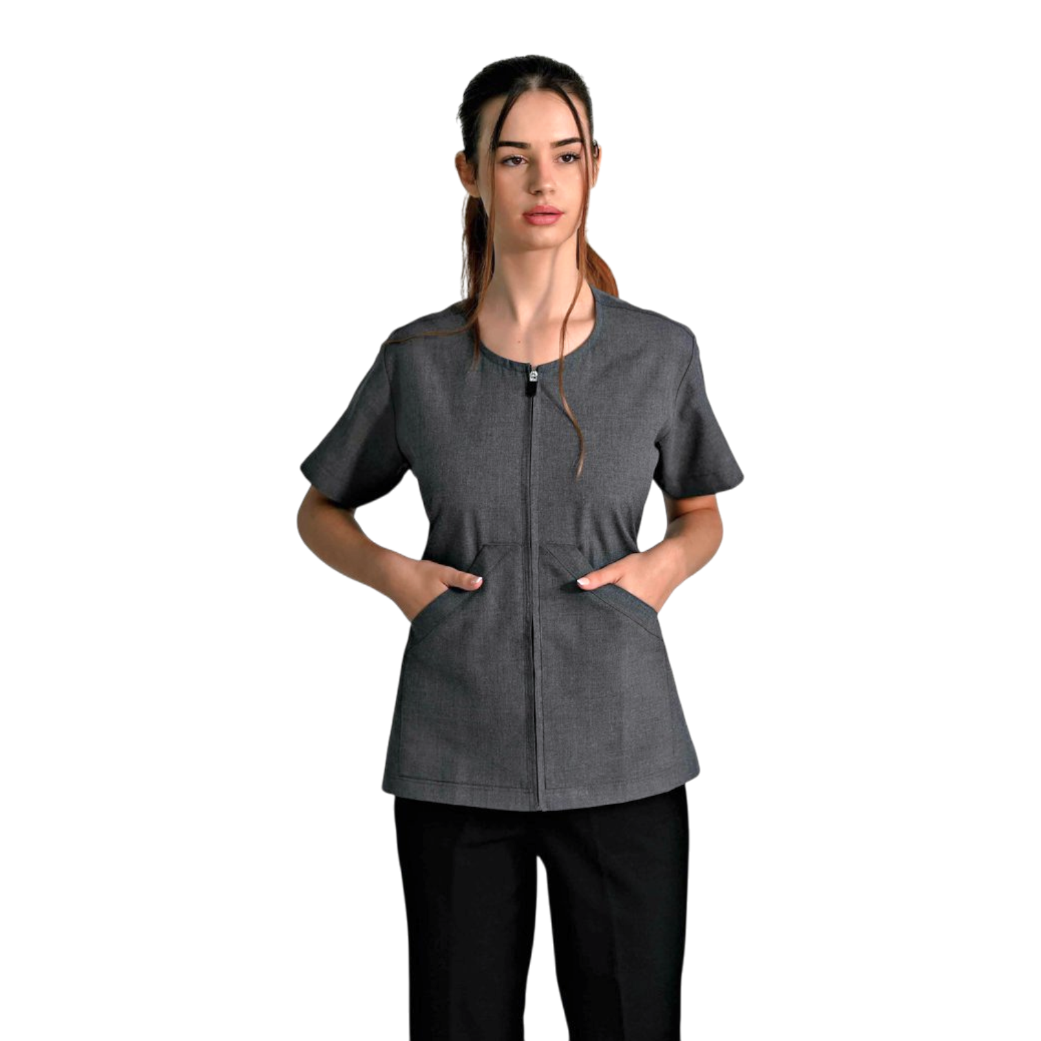 Healthcare uniform top with V-neck and short sleeves for clinical and care staff.