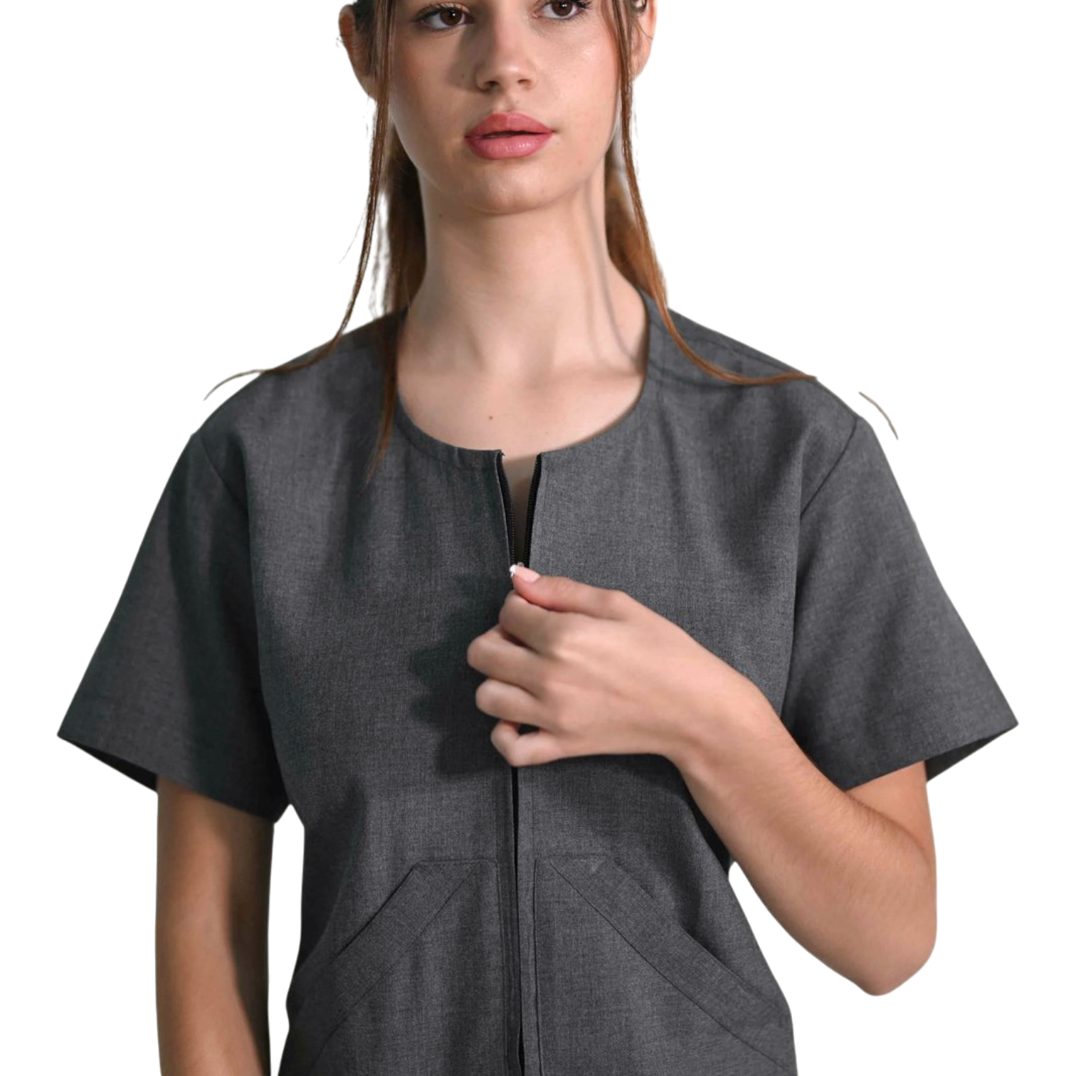 Detail view of V-neck short-sleeve healthcare uniform top, professional medical workwear.