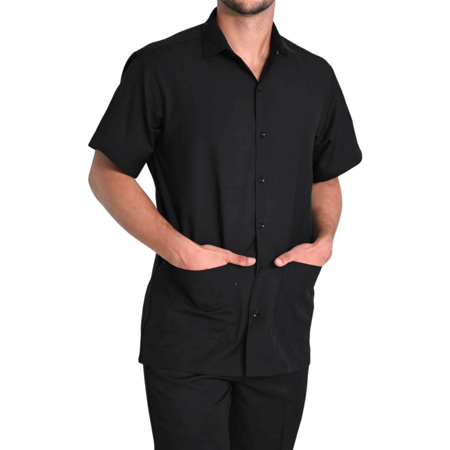 Detail of short-sleeve corporate work shirt suitable for business environments.